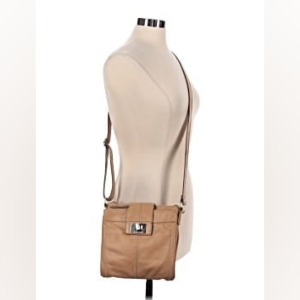Tignanello Camel Tan Leather Crossbody Organizer Bag Turn Lock Closure RFID